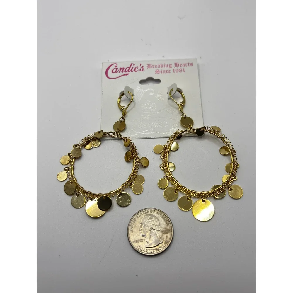 Candies Gold Tone Hoop Earrings with Dangling Disc Charms Boho Statement Jewelry